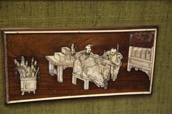 A Chinese rosewood and mother of pearl overlaid panel, 19th century, 15 x 30.5cm, losses, later mounted